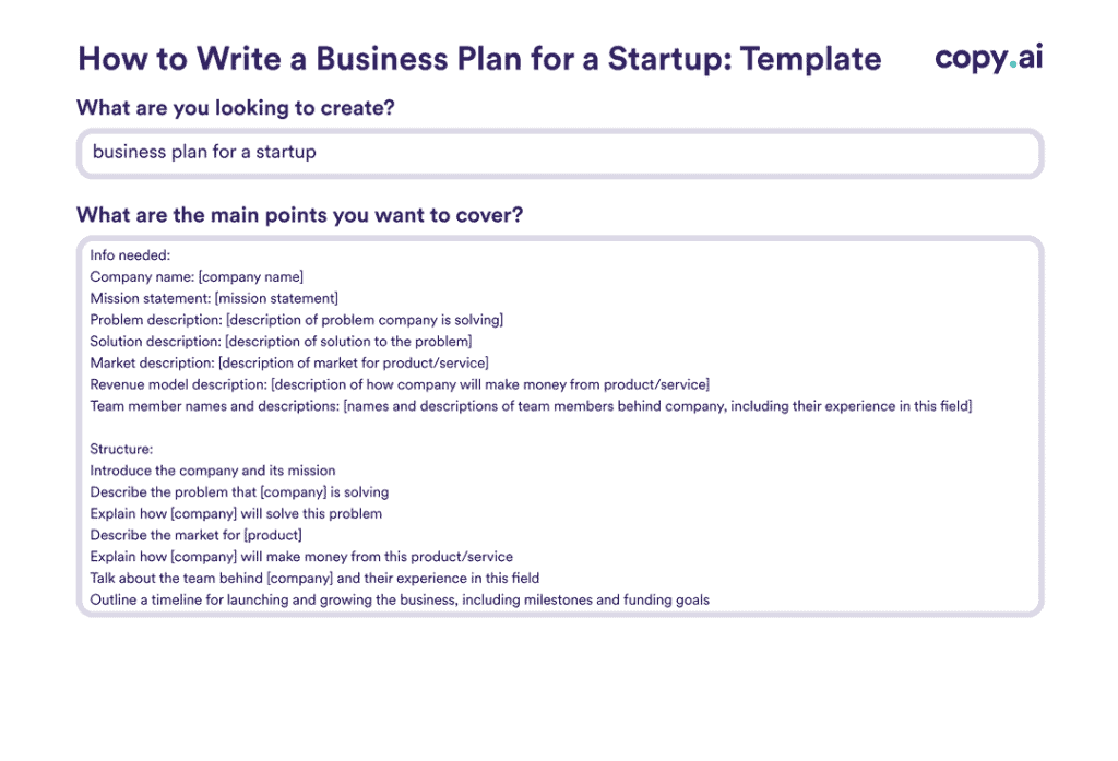 Copy.ai business plan template for startup