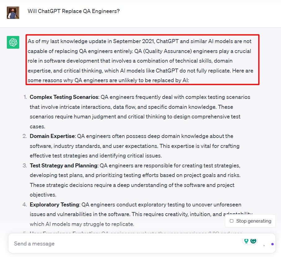 possibility of chatgpt replacing QA engineers