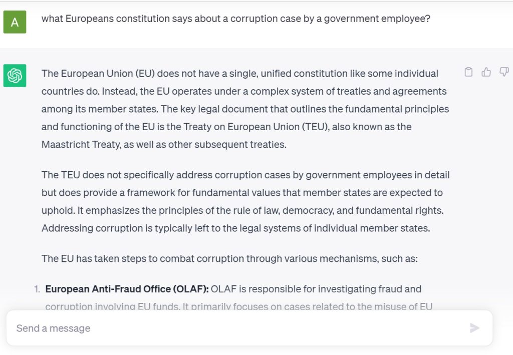 EU law for a corruption case by ChatGPT