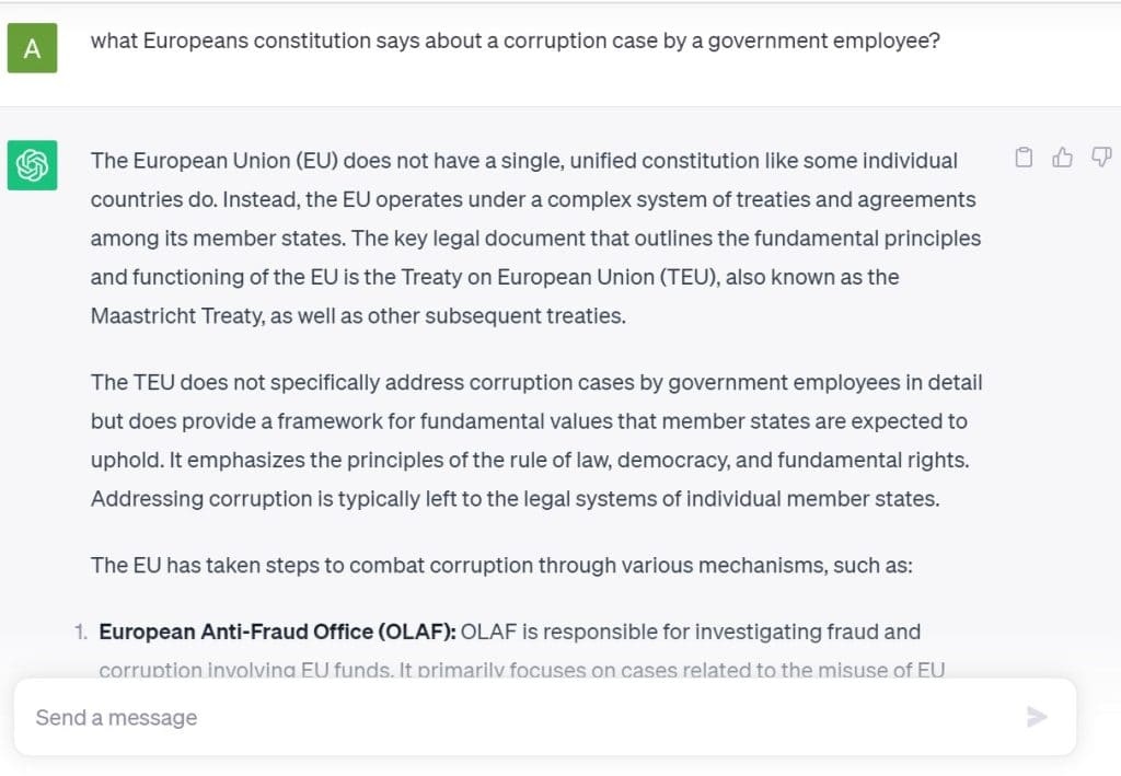 EU law for a corruption case by ChatGPT